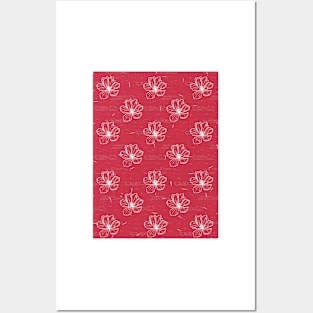 White flower in Red Pattern Posters and Art